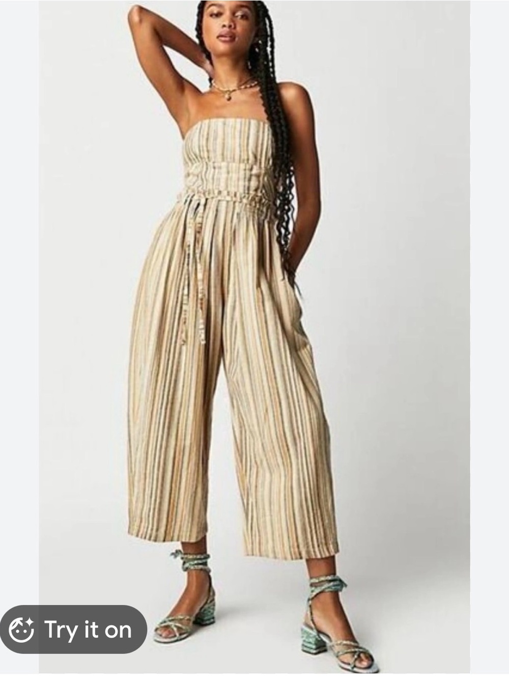 Free People Strapless Striped Tie-Waist barrell leg Jumpsuit in Beige & Cream - Picture 2 of 9